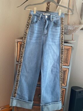Frame Denim Light Blue Bootcut Jeans with Leopard Side Stripes